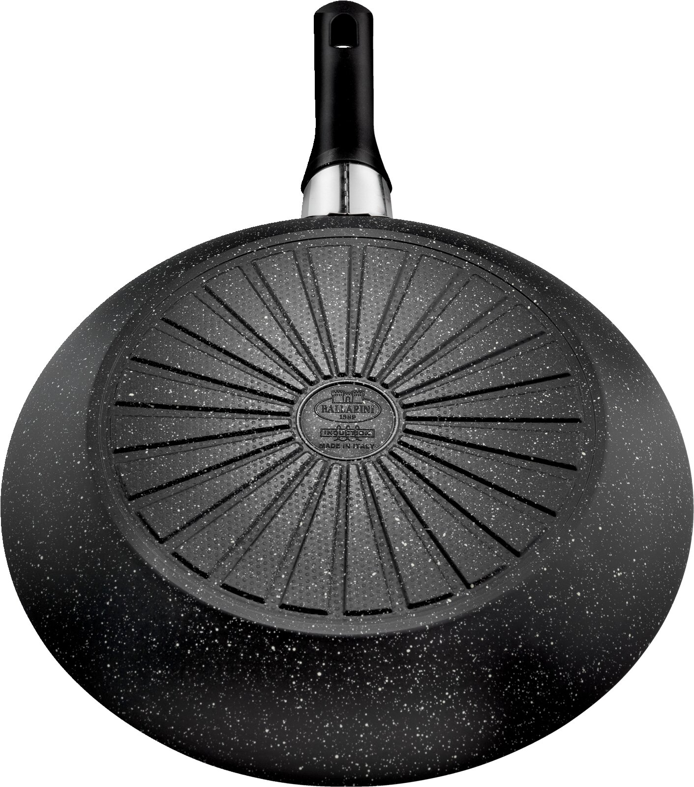 Bratpfanne mit 32 cm Durchmesser, Ansicht von unten mit sternförmigem Design und schwarzem Griff.