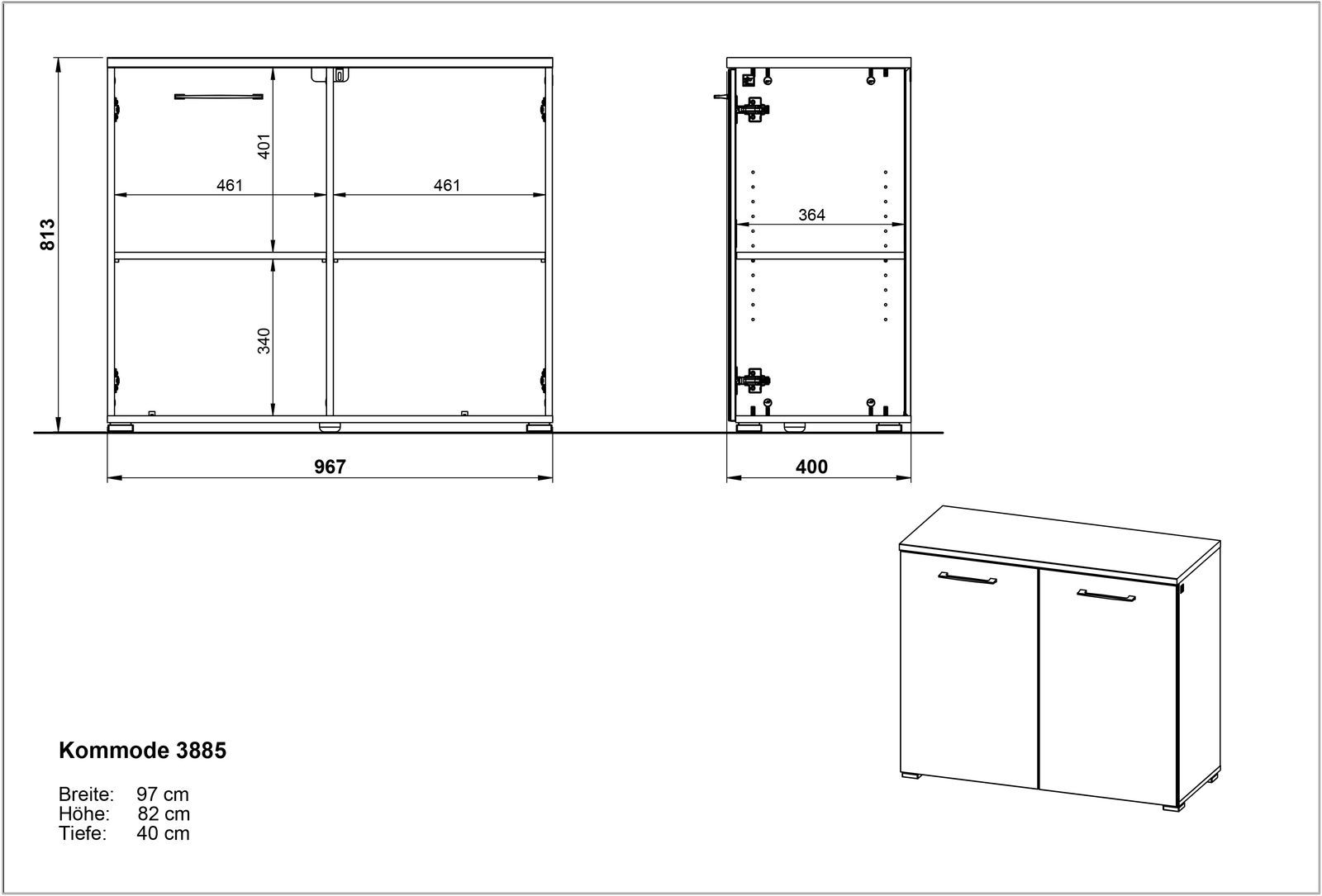 Technische Zeichnung einer Kommode mit den Maßen Breite 97 cm, Höhe 82 cm, Tiefe 40 cm, Frontansicht und Seitenansicht.