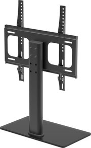 Schwarze TV-Halterung/Monitorhalter auf Standfuß mit VESA-Montageplatte und verstellbaren Schienen, Produktansicht schräg von vorne
