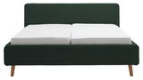 Frontale Ansicht eines Polsterbettgestells mit dunkelgrünem Stoffbezug und Holzfüßen, ausgestattet mit zwei weißen Matratzen.