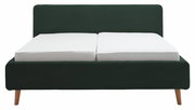 Frontale Ansicht eines Polsterbettgestells mit dunkelgrünem Stoffbezug und Holzfüßen, ausgestattet mit zwei weißen Matratzen.