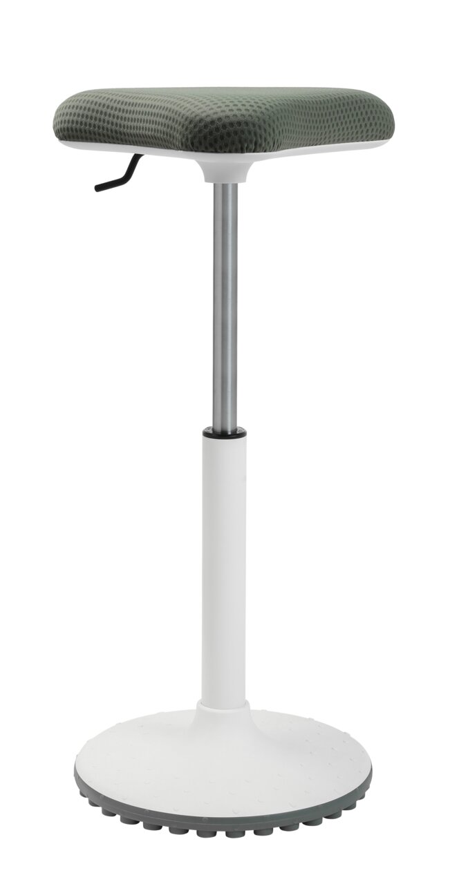 Moderner Schwinghocker mit gepolsterter Sitzfläche in Seitenansicht, höhenverstellbar und mit runder Basis.