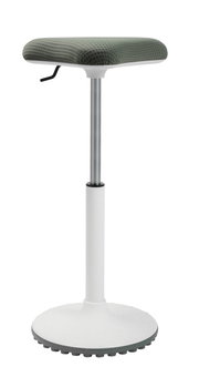 Moderner Schwinghocker mit gepolsterter Sitzfläche in Seitenansicht, höhenverstellbar und mit runder Basis.