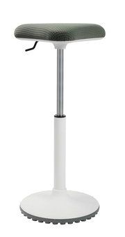 Moderner Schwinghocker mit gepolsterter Sitzfläche in Seitenansicht, höhenverstellbar und mit runder Basis.