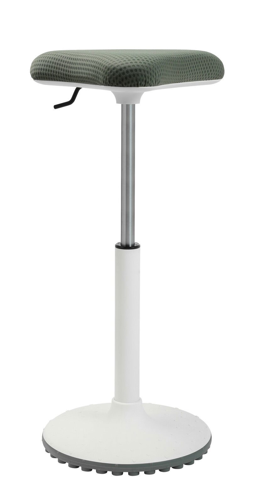 Moderner Schwinghocker mit gepolsterter Sitzfläche in Seitenansicht, höhenverstellbar und mit runder Basis.