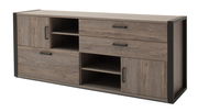 Modernes Sideboard aus Holz mit mehreren Schubladen und offenen Fächern, seitliche Perspektive.