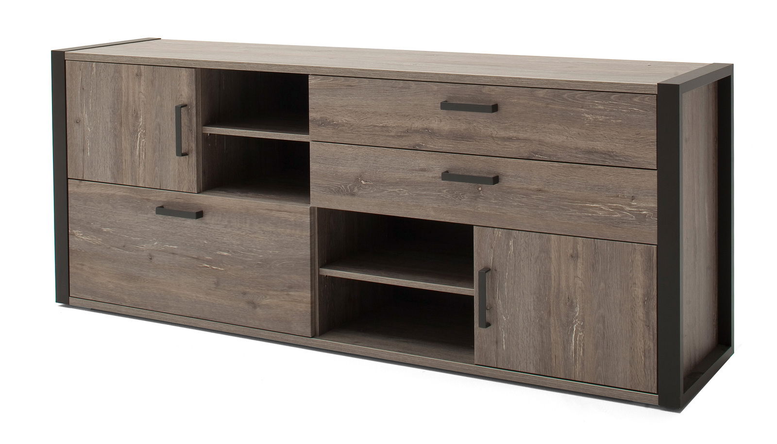 Modernes Sideboard aus Holz mit mehreren Schubladen und offenen Fächern, seitliche Perspektive.