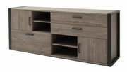 Modern houten dressoir met meerdere lades en open vakken, gezien vanaf de zijkant.