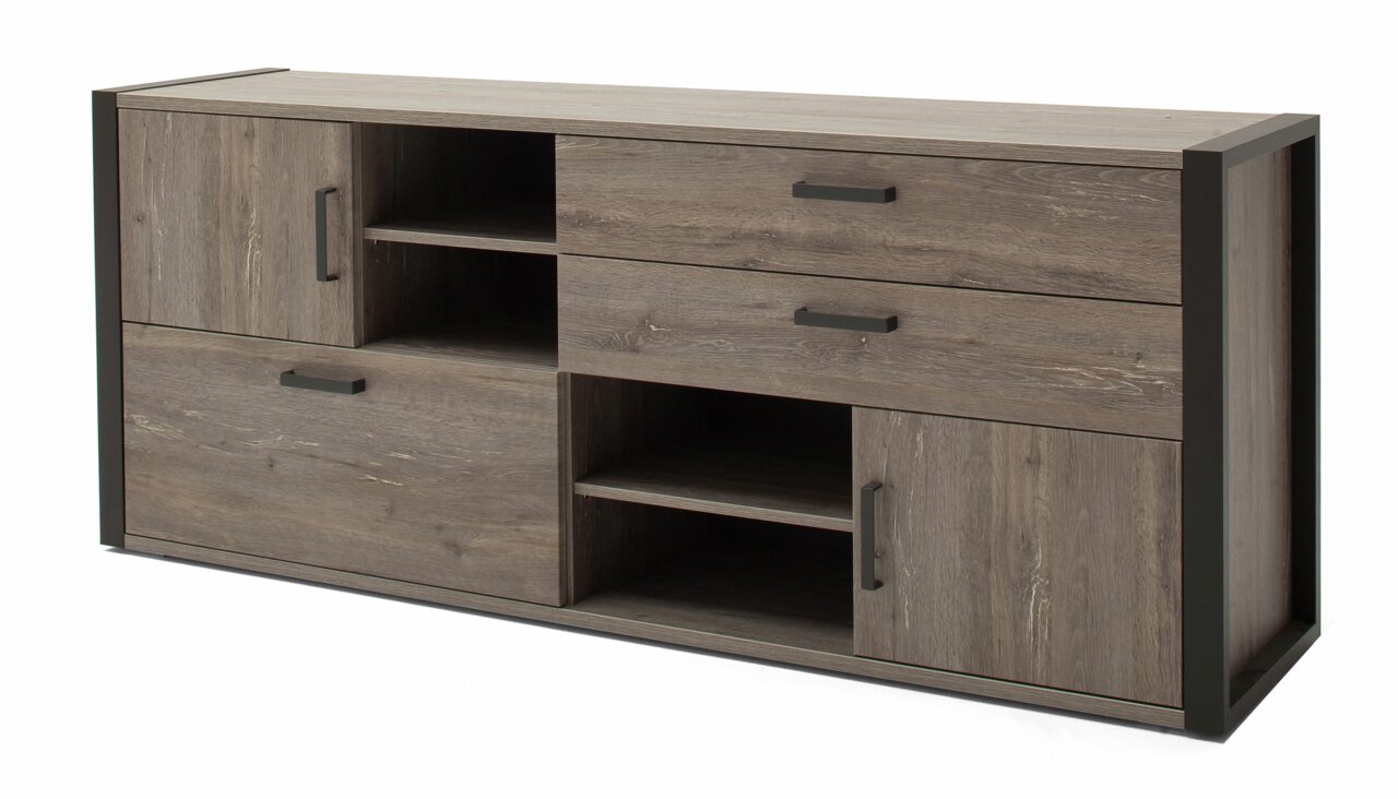 Modern houten dressoir met meerdere lades en open vakken, gezien vanaf de zijkant.
