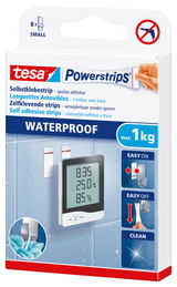 Verpackung der tesa Powerstrips Waterproof, selbstklebende und spurlos ablösbare Streifen, geeignet für feuchte Umgebungen, Vorderansicht