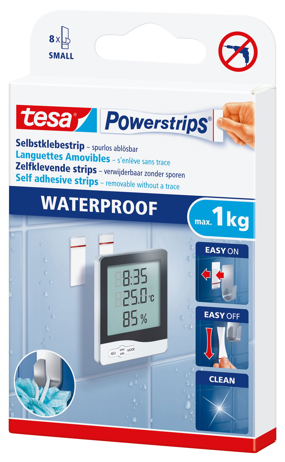 Verpackung der tesa Powerstrips Waterproof, selbstklebende und spurlos ablösbare Streifen, geeignet für feuchte Umgebungen, Vorderansicht