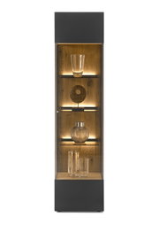Vitrine met glazen voorkant en houten achterwand, verlicht, gezien vanaf de voorkant