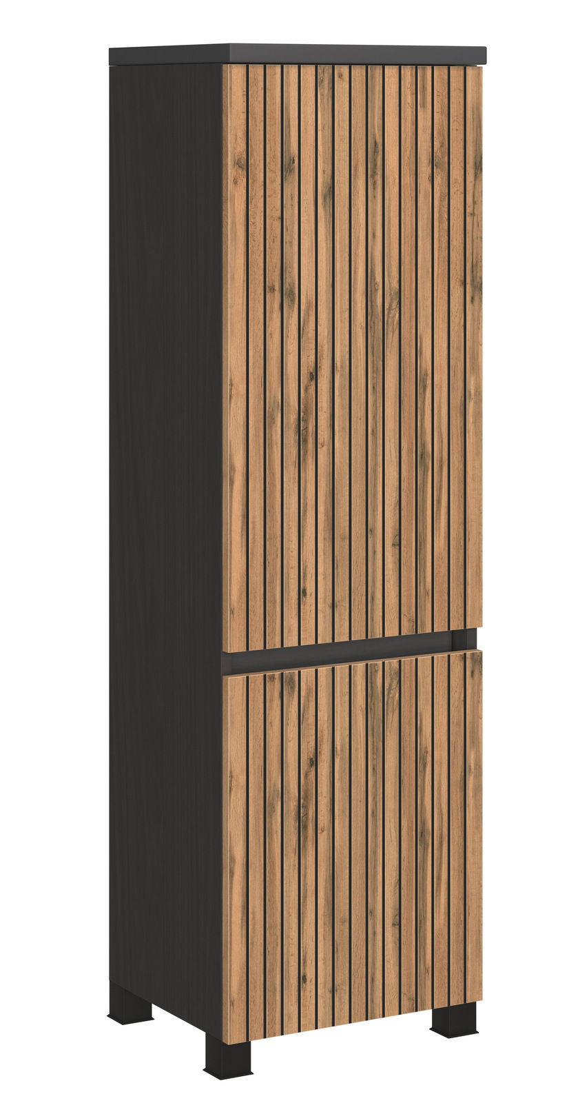 Moderner Midischrank mit vertikalen Holzlatten und dunklem Korpus, seitliche Perspektive
