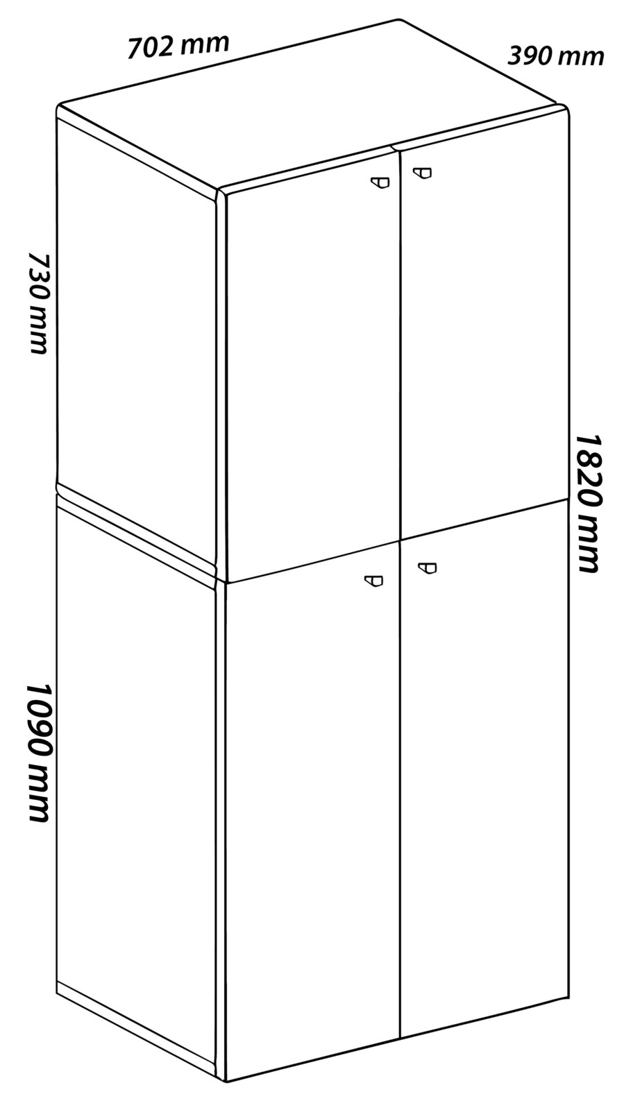 Technische Skizze eines zweitürigen, zweiteiligen Schranks/Stauraumschranks mit Maßen 702 mm Breite, 390 mm Tiefe und 1820 mm Höhe, dargestellt in schräger Vorderansicht von oben (3/4-Perspektive).