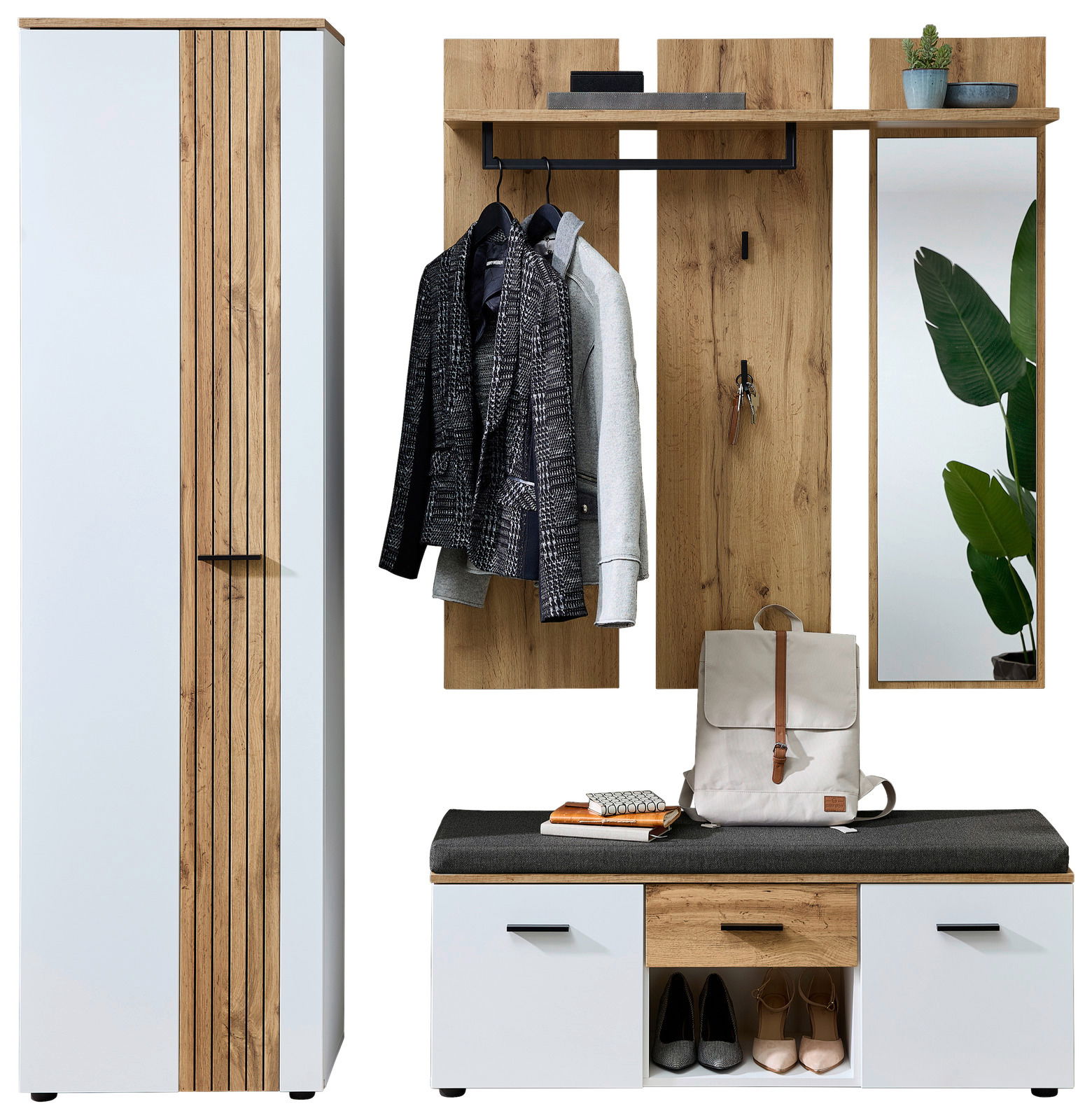 XORA Garderoben-Set 3-tlg. SPARKS Garderoben-Set 3-tlg. in moderner Frontansicht mit weißem Schrank, Holzelementen, Spiegel, Sitzbank und Hakenleiste.