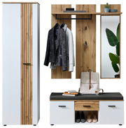 Garderoben-Set 3-tlg. in moderner Frontansicht mit weißem Schrank, Holzelementen, Spiegel, Sitzbank und Hakenleiste.