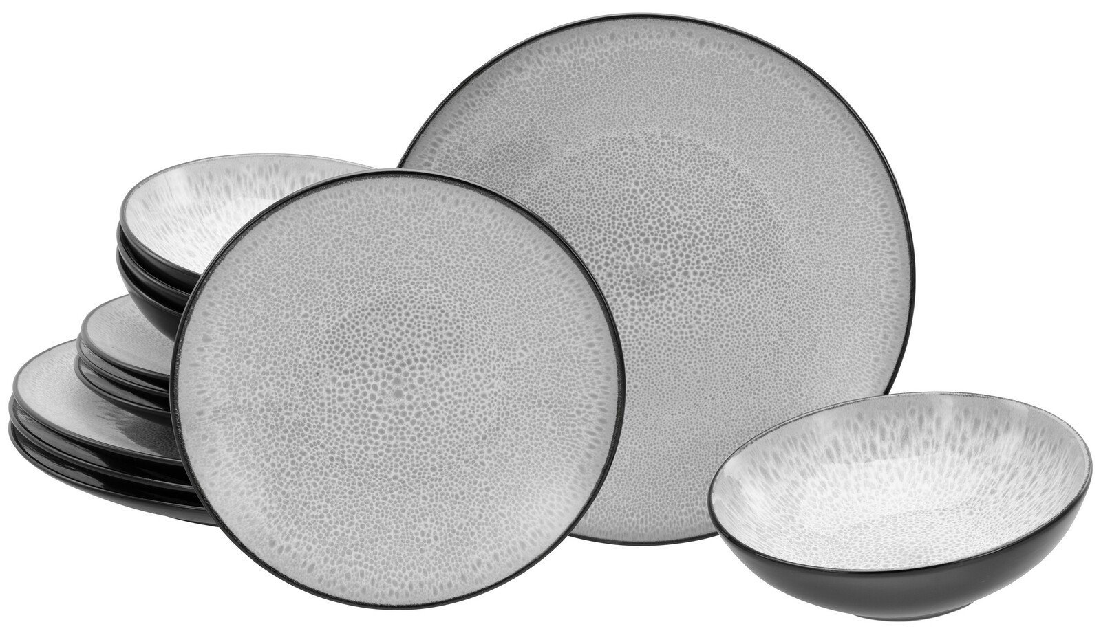 Creatable Tellerset 12-tlg MALMÖ Tellerset 12-tlg mit grauem, strukturiertem Muster und schwarzem Rand, seitliche Perspektive