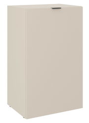 Beigefarbener, niedriger, einflügeliger Schrank mit schwarzem Griff, Frontalansicht