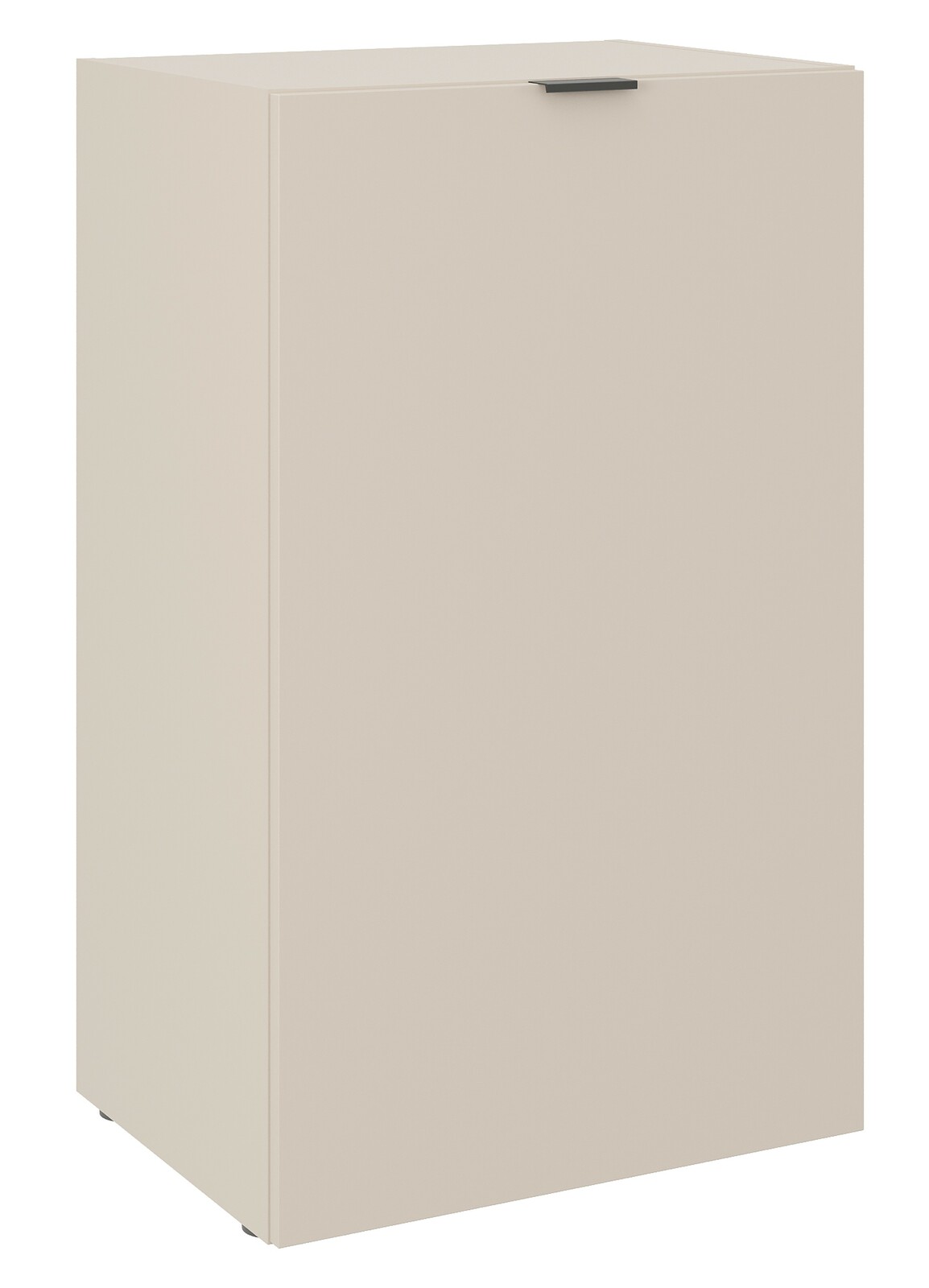 Beigefarbener, niedriger, einflügeliger Schrank mit schwarzem Griff, Frontalansicht