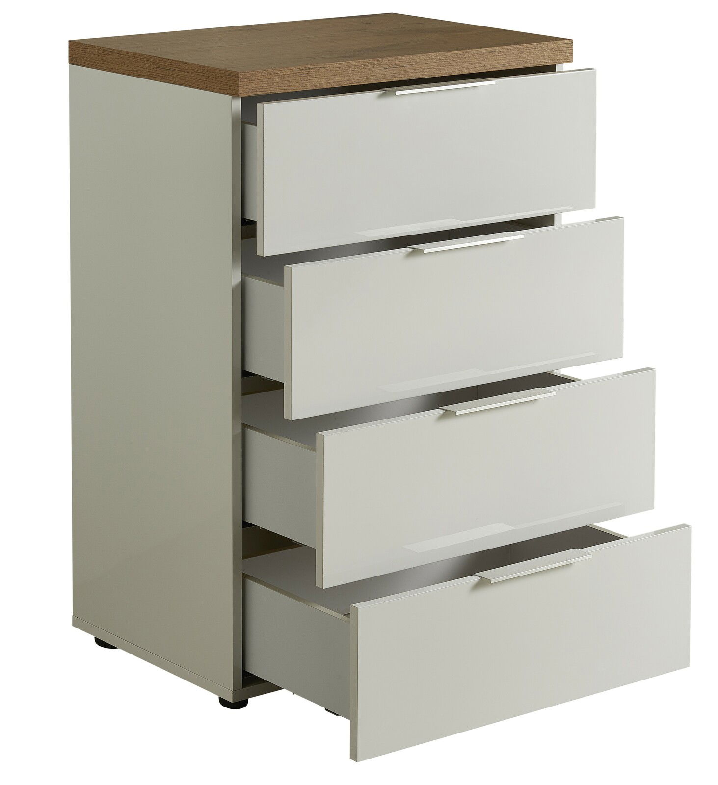 Schubkastenkommode mit vier offenen Schubladen, weiße Fronten und Holzoberfläche, seitliche Perspektive