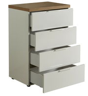 Schubkastenkommode mit vier offenen Schubladen, weiße Fronten und Holzoberfläche, seitliche Perspektive