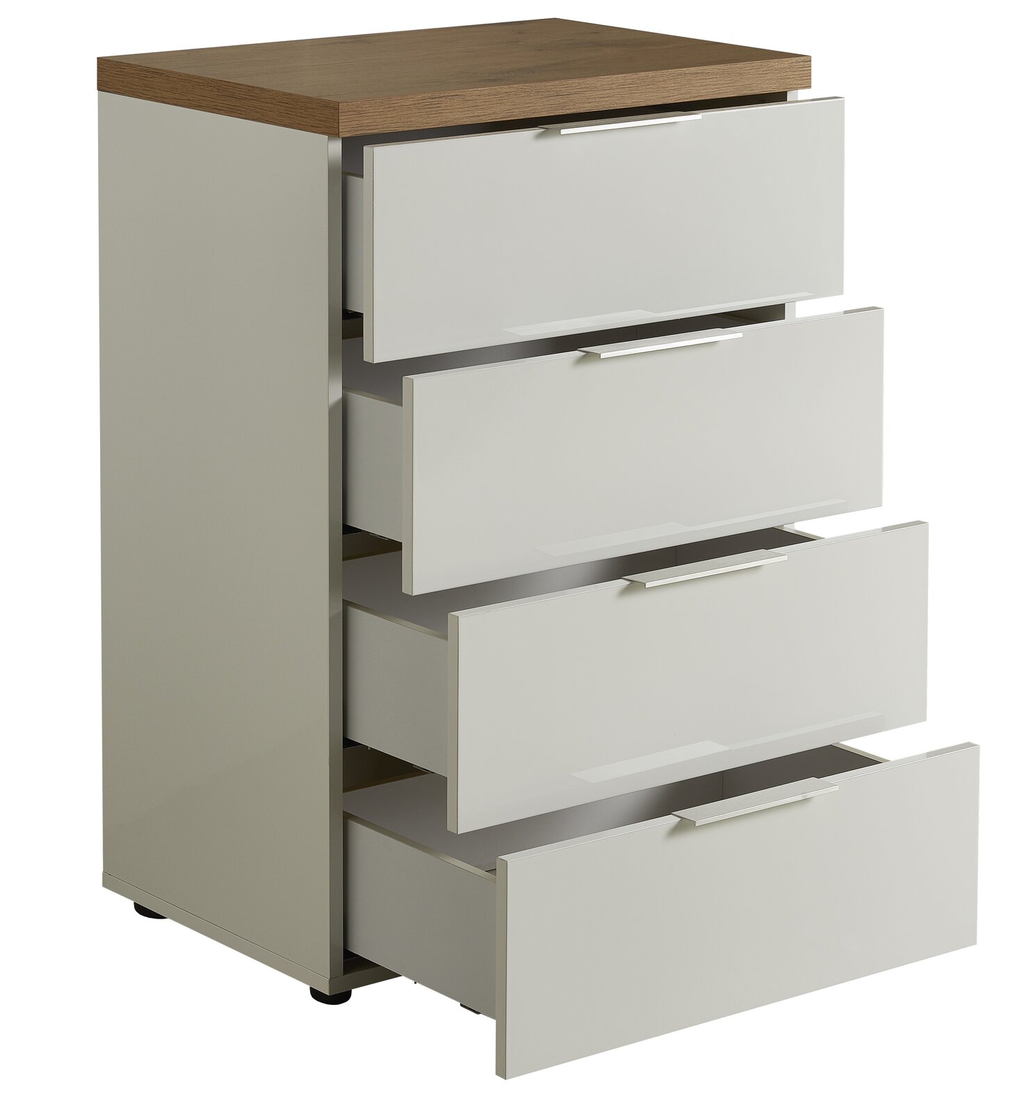 Schubkastenkommode mit vier offenen Schubladen, weiße Fronten und Holzoberfläche, seitliche Perspektive