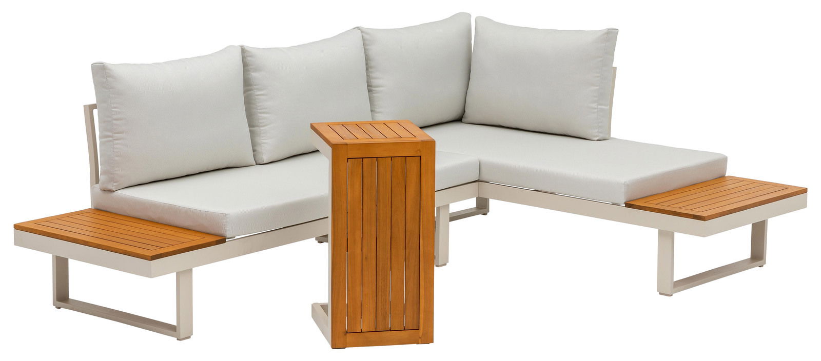 Moderne Gartenlounge mit hellen Kissen und Holzdetails, seitliche Perspektive