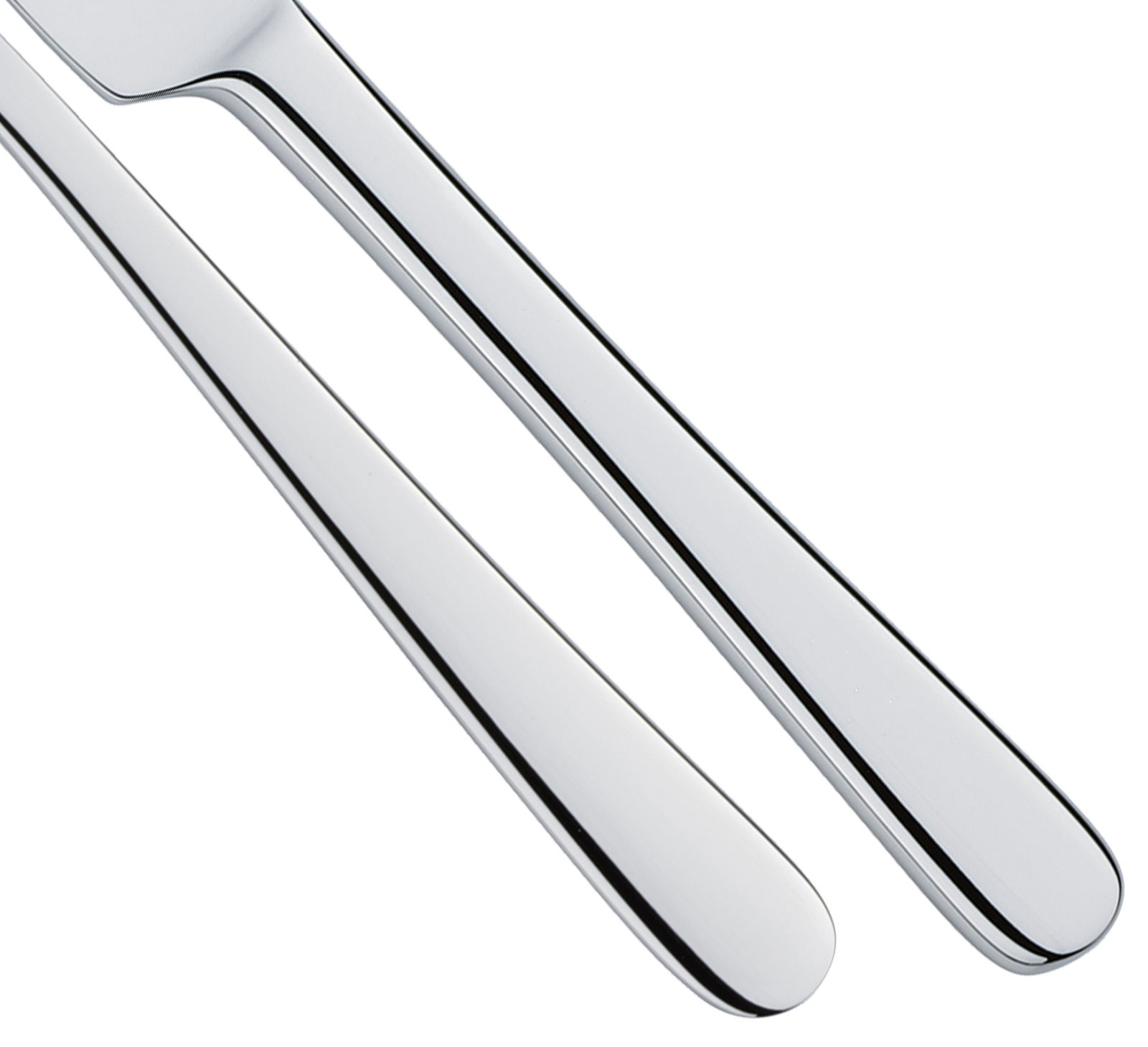 Nahaufnahme von zwei glänzenden Edelstahl-Besteckteilen, Messer und Gabel, aus einem 30-teiligen Besteck-Set.