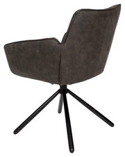 Rückansicht eines modernen Armlehnstuhls mit dunklem Stoffbezug und schwarzem Metallgestell.