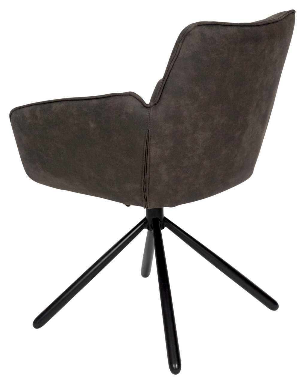 Rückansicht eines modernen Armlehnstuhls mit dunklem Stoffbezug und schwarzem Metallgestell.