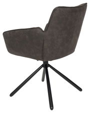 Rückansicht eines modernen Armlehnstuhls mit dunklem Stoffbezug und schwarzem Metallgestell.