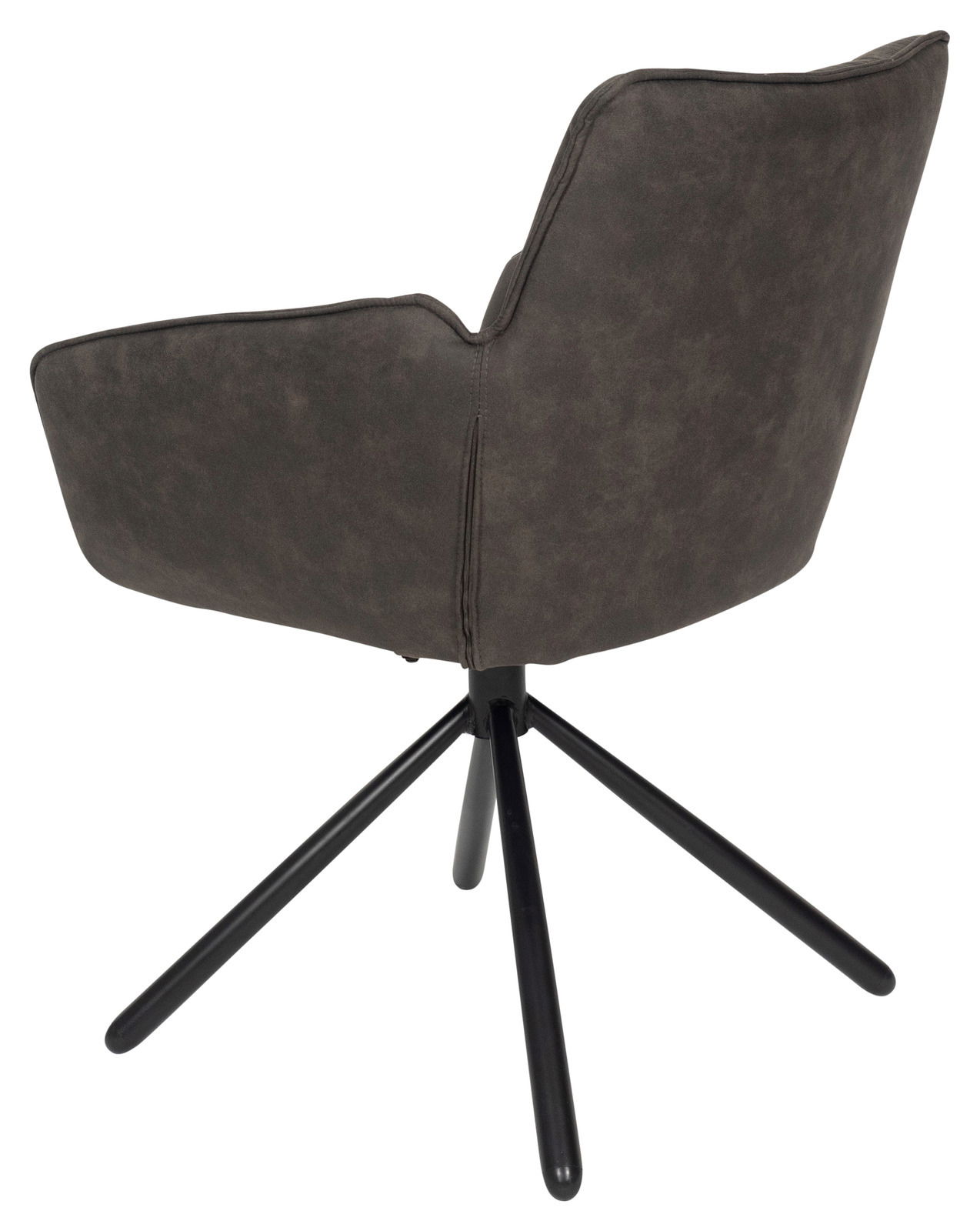 Rückansicht eines modernen Armlehnstuhls mit dunklem Stoffbezug und schwarzem Metallgestell.