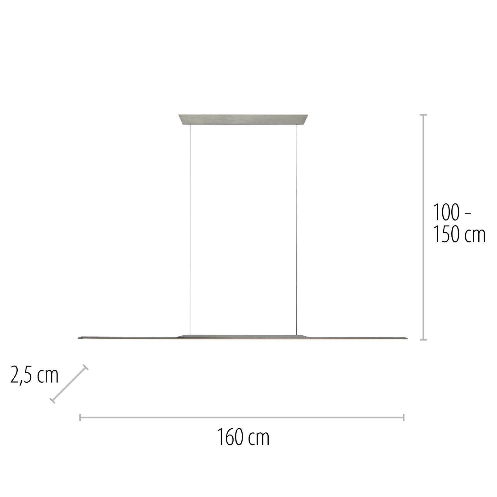 Seitenansicht einer modernen Pendelleuchte PURE Surface mit einer Länge von 160 cm, einer Breite von 2,5 cm und einer variablen Höhe von 100 bis 150 cm.