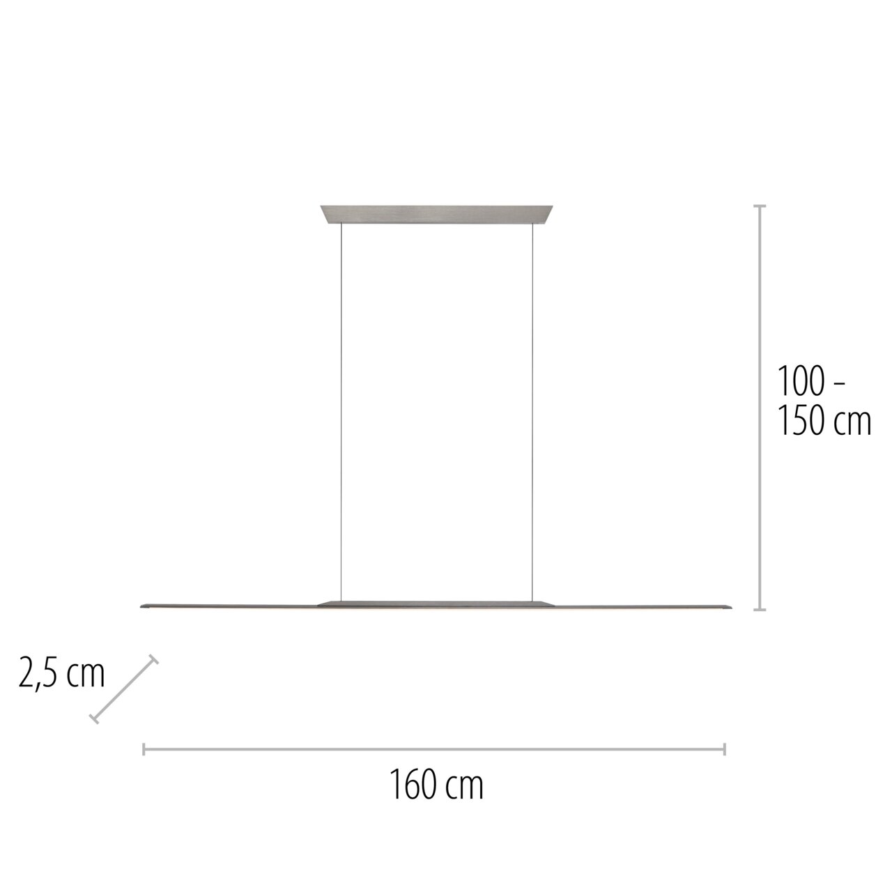 Zijaanzicht van een moderne hanglamp PURE Surface met een lengte van 160 cm, een breedte van 2,5 cm en een variabele hoogte van 100 tot 150 cm.