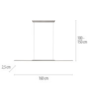 Zijaanzicht van een moderne hanglamp PURE Surface met een lengte van 160 cm, een breedte van 2,5 cm en een variabele hoogte van 100 tot 150 cm.