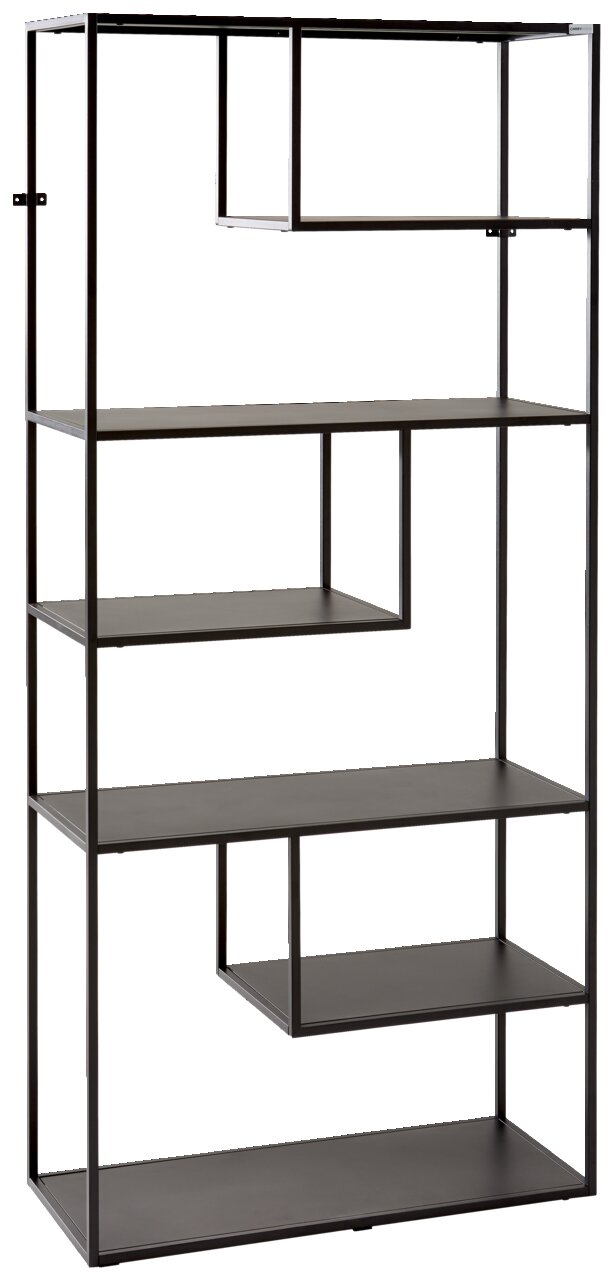 Modernes, hohes Regal aus schwarzem Metall mit asymmetrischen Regalböden, seitliche Perspektive.