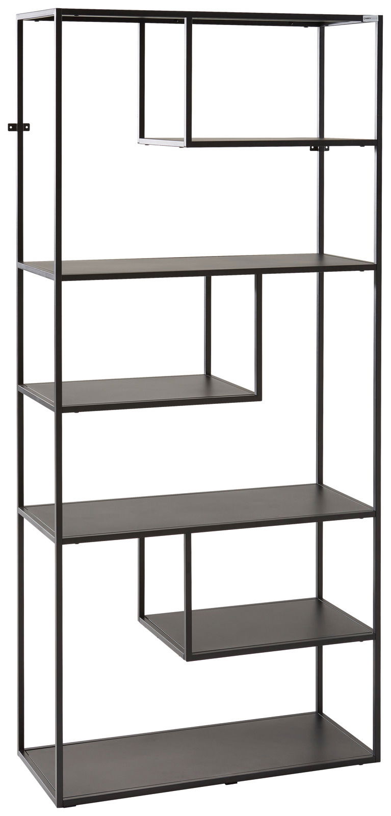 Modernes, hohes Regal aus schwarzem Metall mit asymmetrischen Regalböden, seitliche Perspektive.