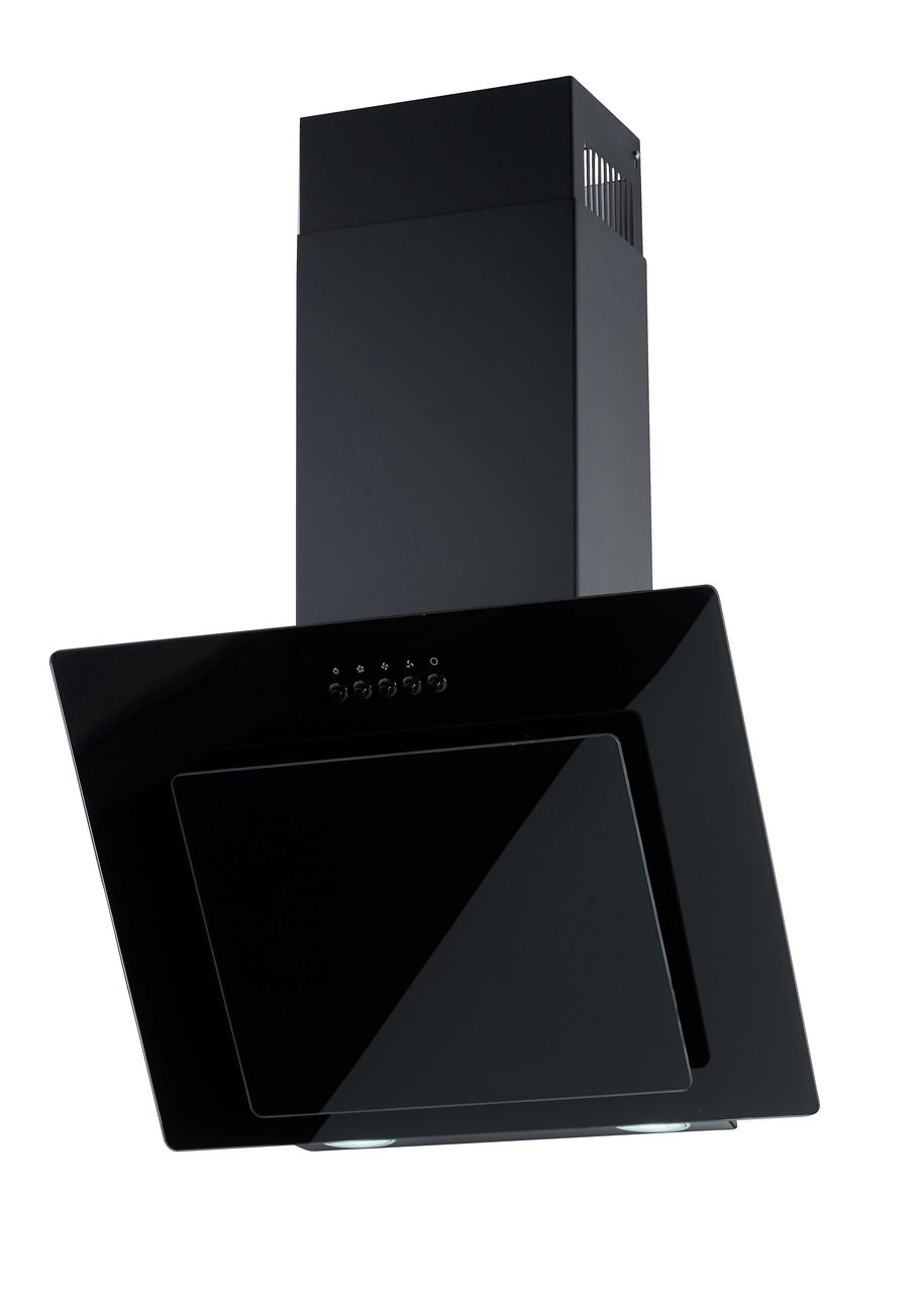 Moderne schwarze Dunstabzugshaube in schräger Frontansicht