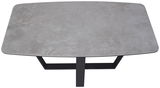 Moderner Couchtisch mit grauer Steinoptik-Oberfläche und schwarzem Metallgestell, Ansicht von oben.