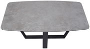 Moderner Couchtisch mit grauer Steinoptik-Oberfläche und schwarzem Metallgestell, Ansicht von oben.