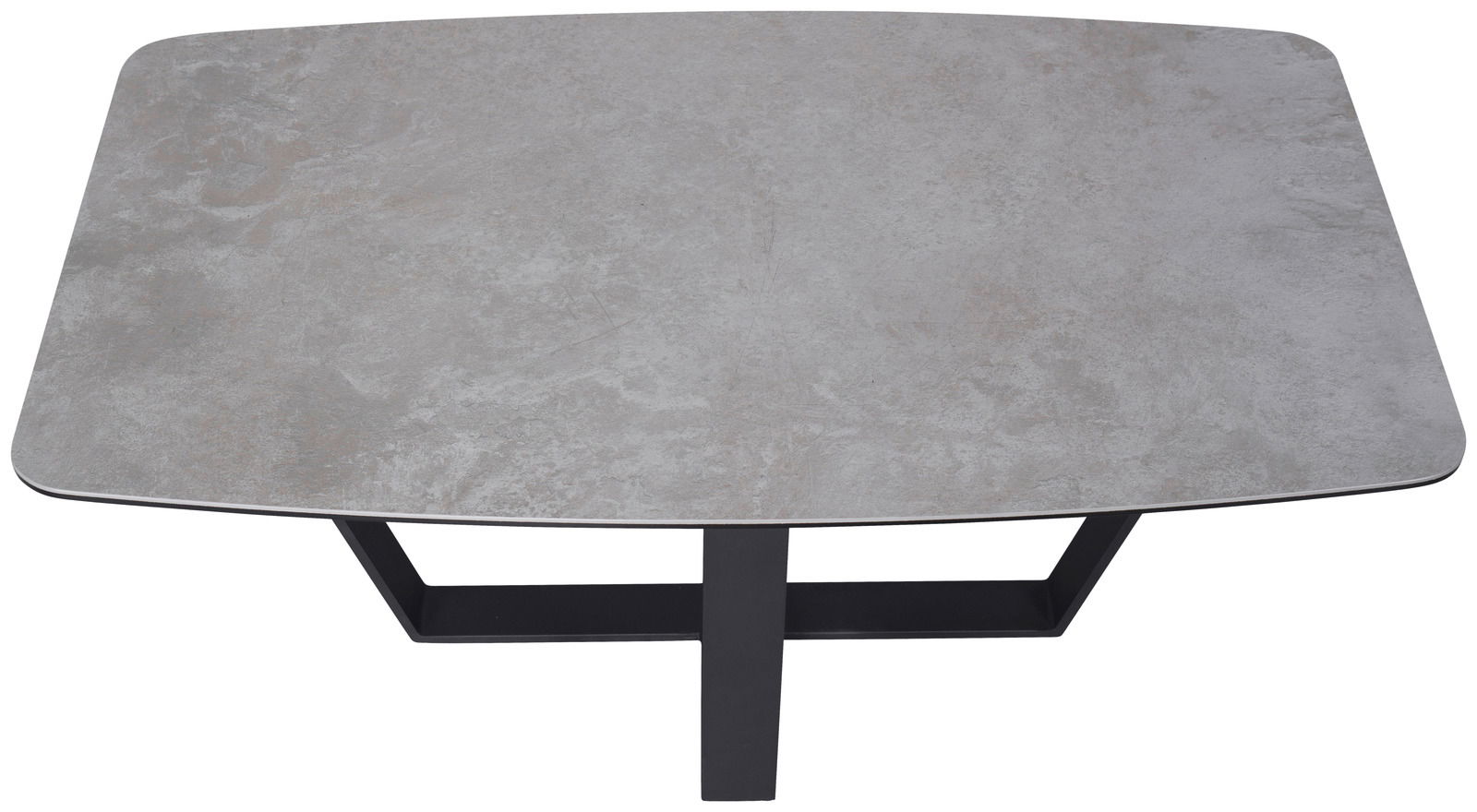 Moderner Couchtisch mit grauer Steinoptik-Oberfläche und schwarzem Metallgestell, Ansicht von oben.
