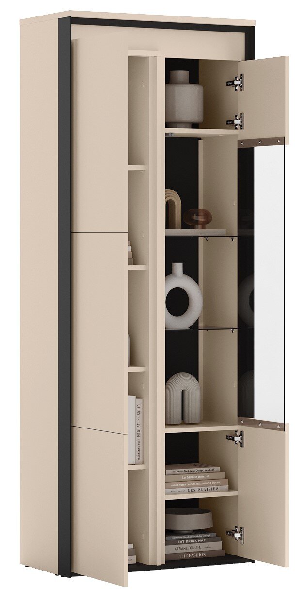 Beige hoge opbergkast met zwarte zijkanten, deuren deels open met vakken, decoratie en boeken zichtbaar, schuin van voren gefotografeerd