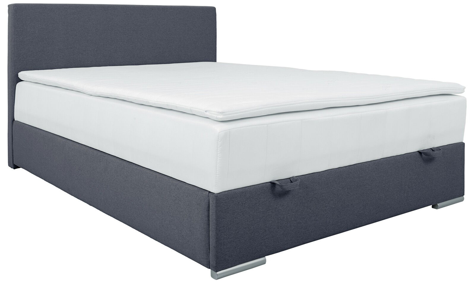 Boxbett 140 in grauem Stoff mit weißer Matratze, seitliche Perspektive