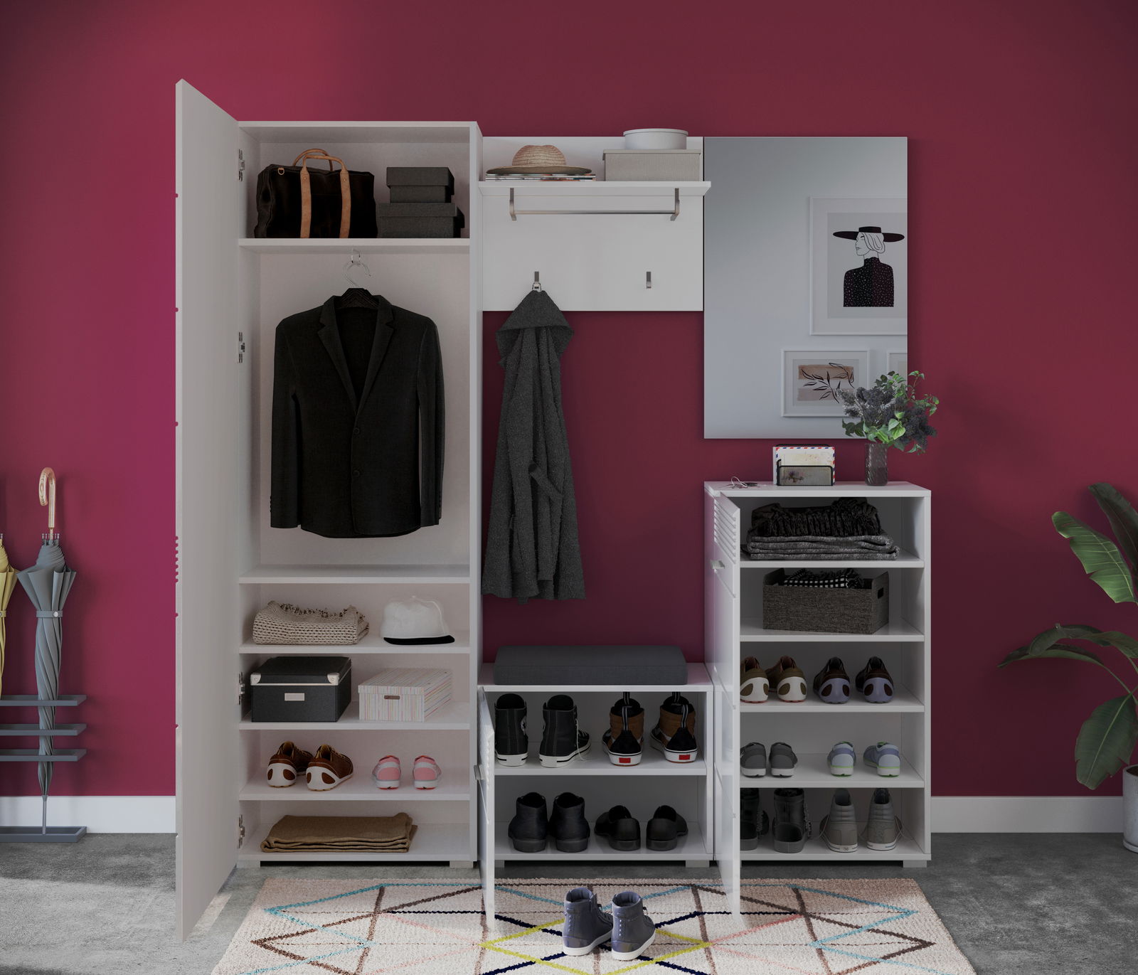 Garderobenkombination in Frontalansicht mit Kleiderschrank, Schuhregal und Spiegel vor einer roten Wand.