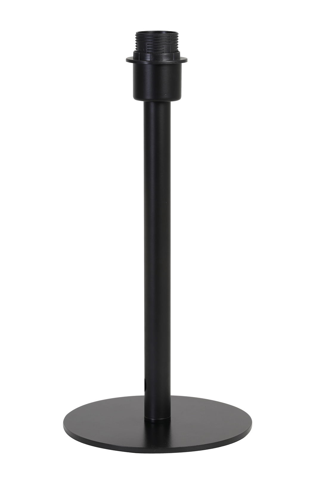 Schwarzer Lampenfuß aus Metall, frontal fotografiert