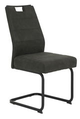 Moderner Schwingstuhl KERSTIN in dunklem Stoffbezug mit schwarzem Metallgestell, seitliche Perspektive