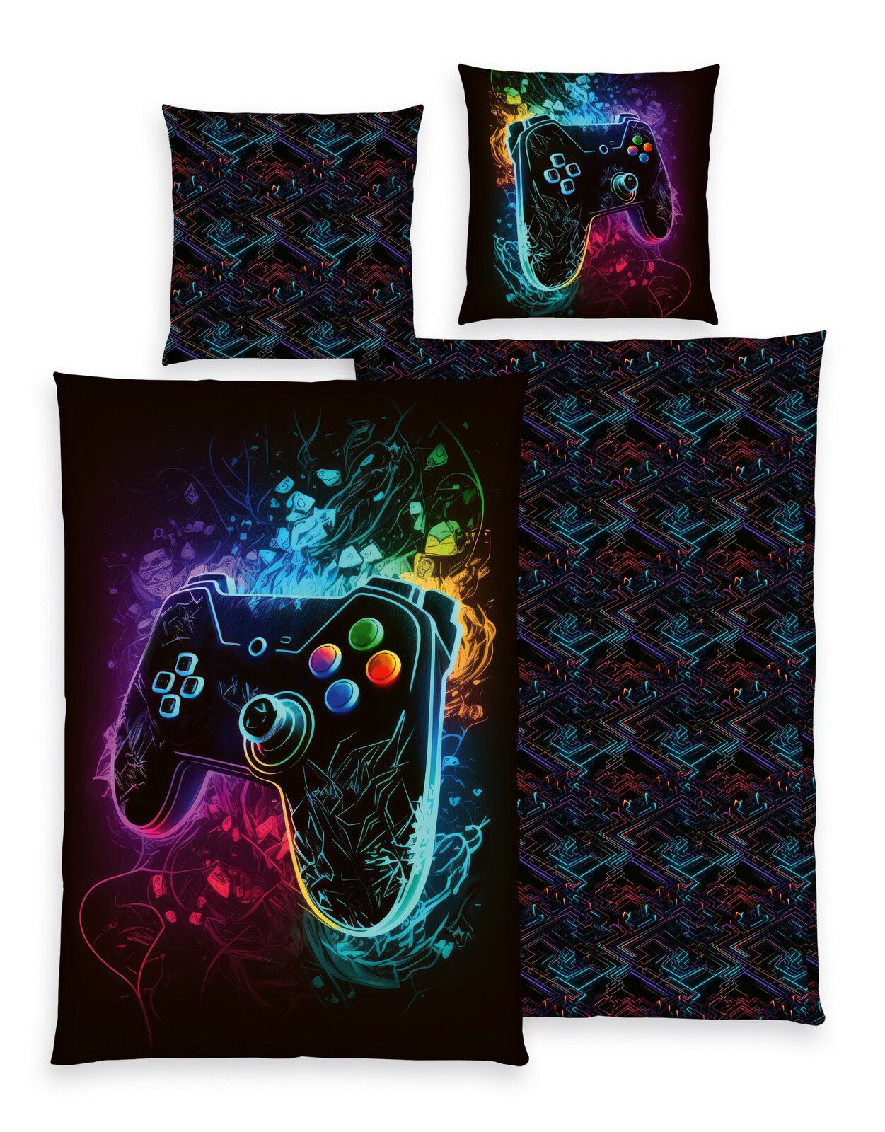 Bunte Microfaser-Bettwäsche mit leuchtendem Gaming-Controller-Design, Draufsicht