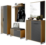 Modernes Garderoben-Set in Holzoptik mit grauen Akzenten, bestehend aus einem hohen Schrank, einer Sitzbank mit Stauraum, einer Wandgarderobe mit Ablage und einem Spiegel, aus frontaler Perspektive.