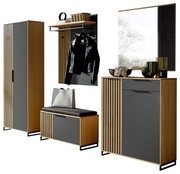Modernes Garderoben-Set in Holzoptik mit grauen Akzenten, bestehend aus einem hohen Schrank, einer Sitzbank mit Stauraum, einer Wandgarderobe mit Ablage und einem Spiegel, aus frontaler Perspektive.