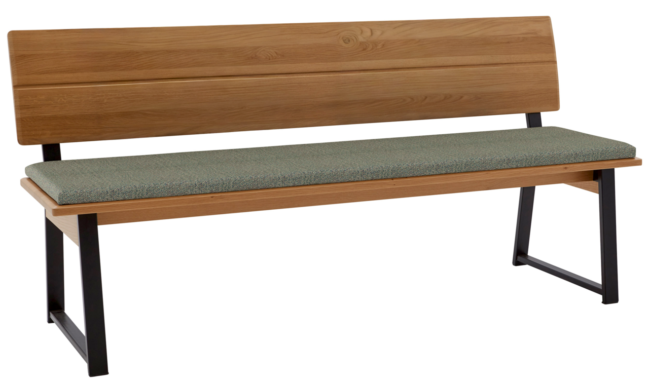 Holzbank mit gepolsterter Sitzfläche und Metallbeinen, seitliche Perspektive